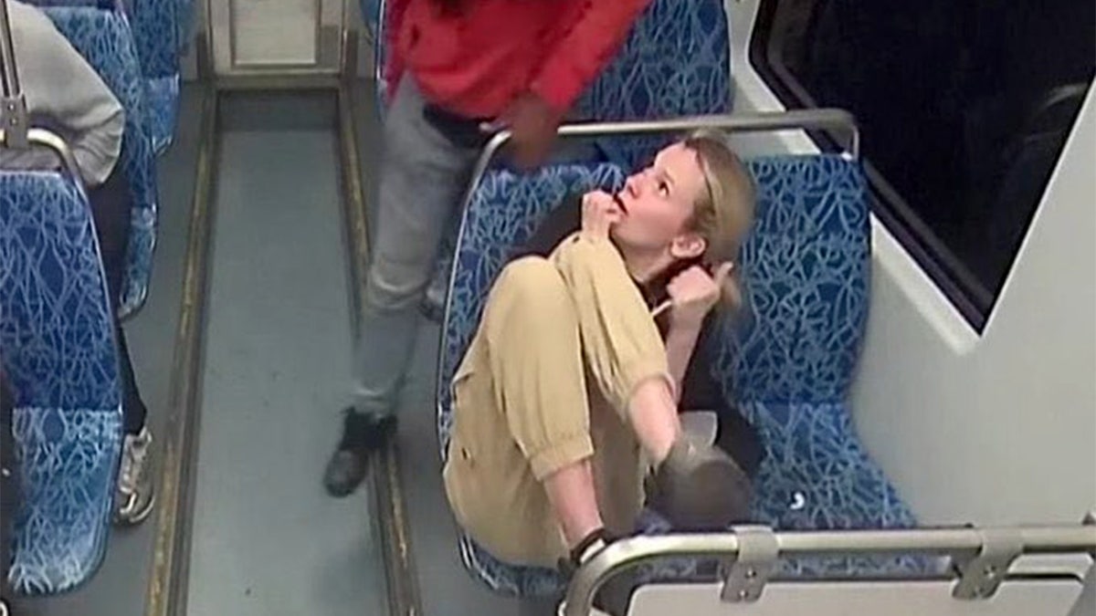 Iryna Zarutska cowering in her seat on a Charlotte commuter train as attacker towers over her