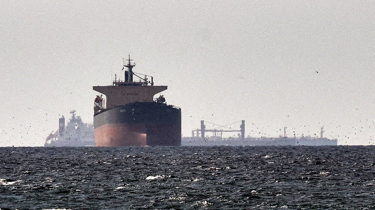 Cargo ships anchored in the Gulf near the Strait of Hormuz seen from northern Ras al-Khaimah