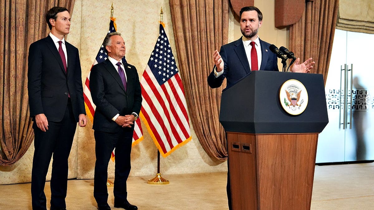 Vice President JD Vance speaking at a news conference in Islamabad with Jared Kushner and Steve Witkoff listening