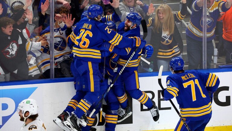 Sabres win first playoff game in 15 years in dramatic fashion, stun Bruins with epic third period comeback