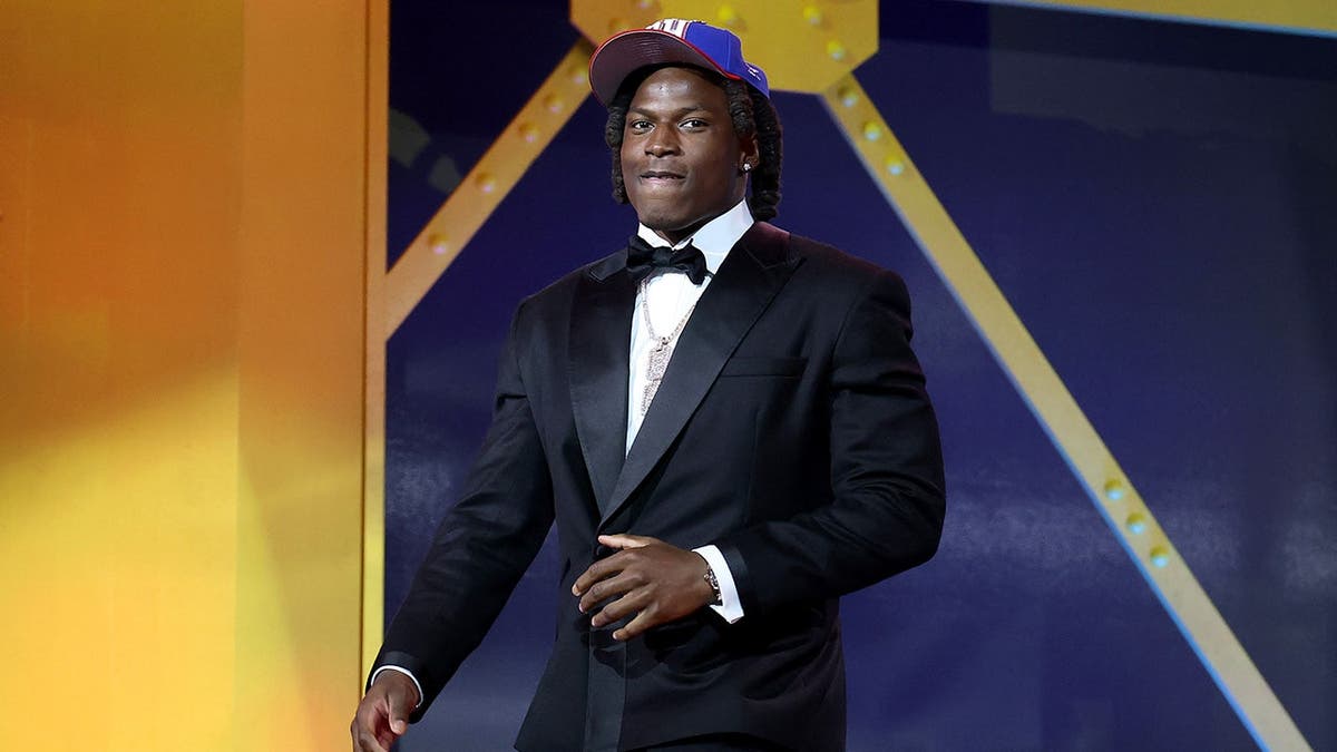 Arvell Reese celebrating after being selected by the New York Giants at the NFL Draft.