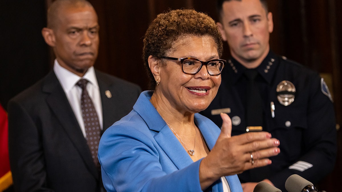 L.A. Mayor Karen Bass speaking at a press conference
