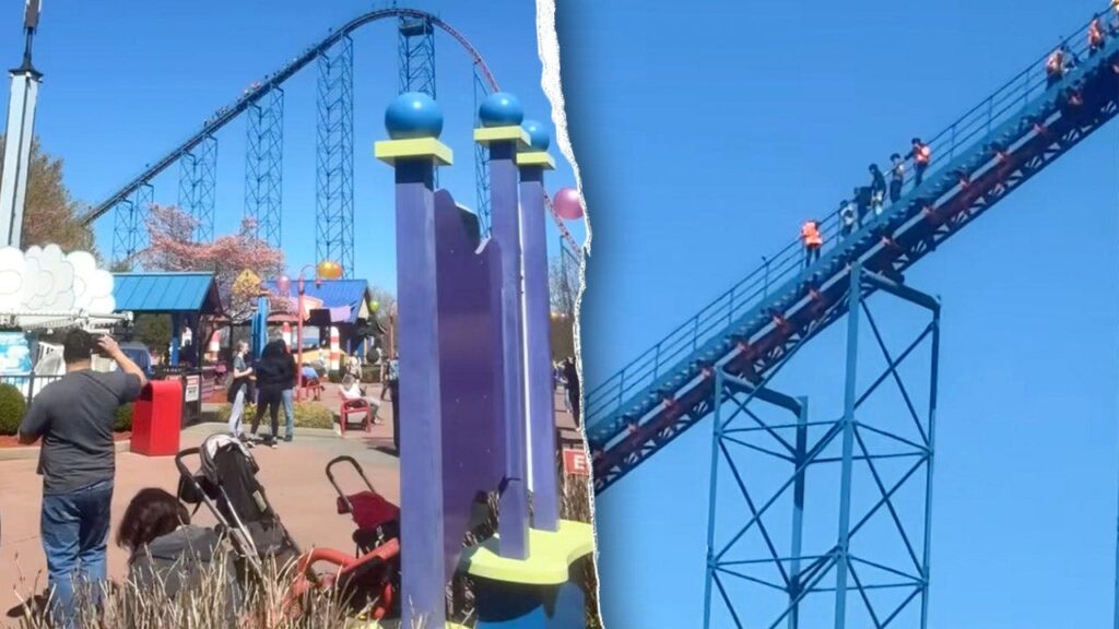Panic at popular theme park as stranded riders scramble to escape broken roller coaster