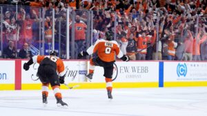 Flyers defenseman Cam York fires stick into stands after scoring overtime series-clincher vs Penguins