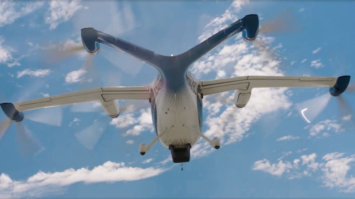 Hydrogen-electric vertical take-off and landing aircraft by Joby Aviation flying in the sky