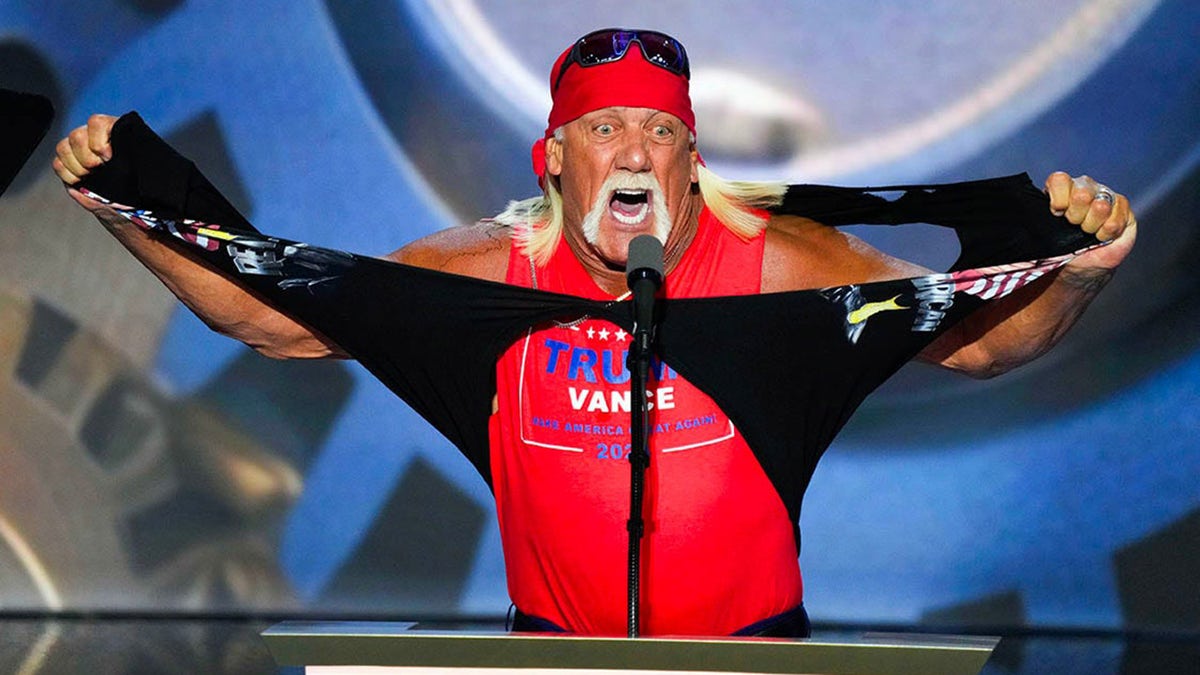 Hulk Hogan speaking at the Republican National Convention at Fiserv Forum