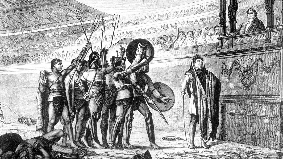 Male gladiators in arena speaking to Roman emperor