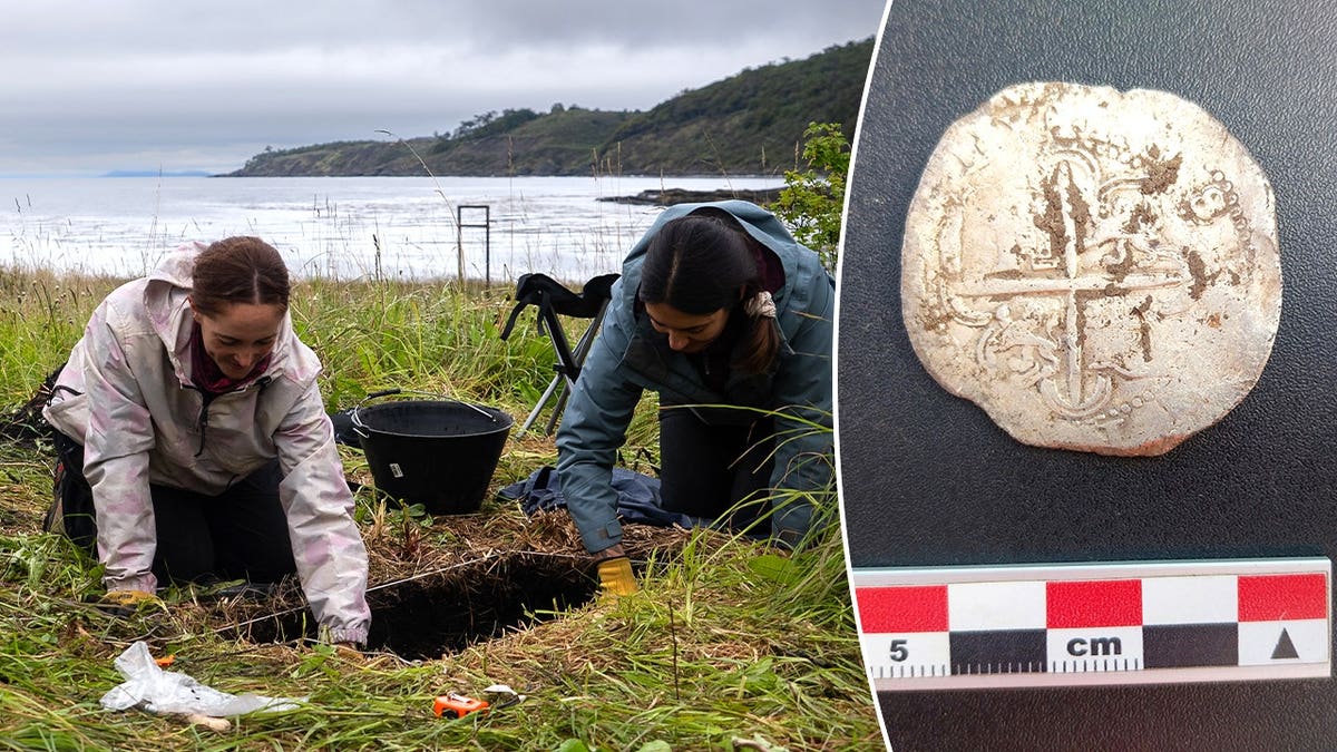 Split image of female archaeologists digging, view of silver coin