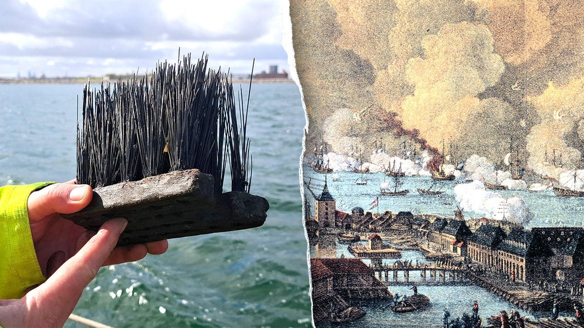 Split image of comb found, painting of Battle of Copenhagen