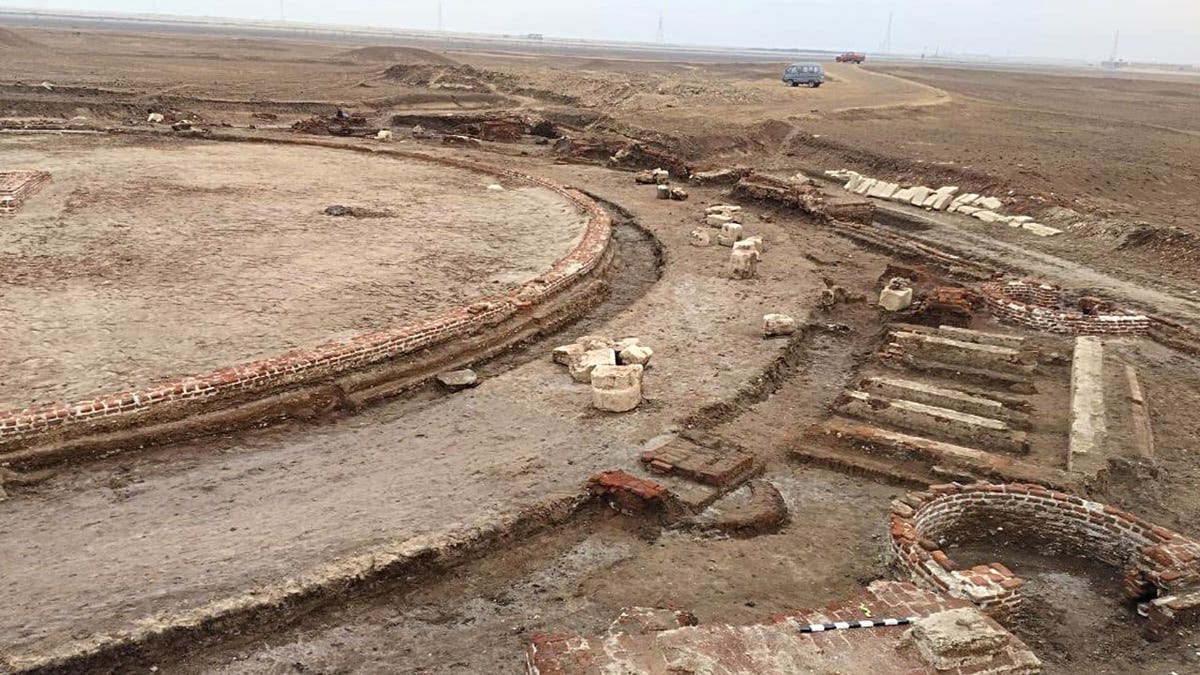 Aerial view of religious basin, surrounding features in Sinai