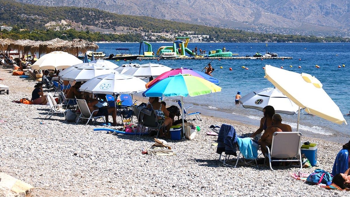 Beachgoers with umbrellas on sand near water