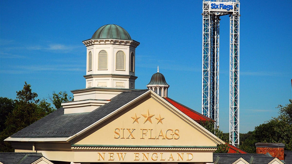 View of Six Flags New England logo, welcome center