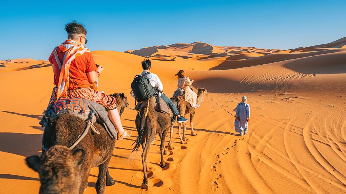 Men on camels in Saharan desert
