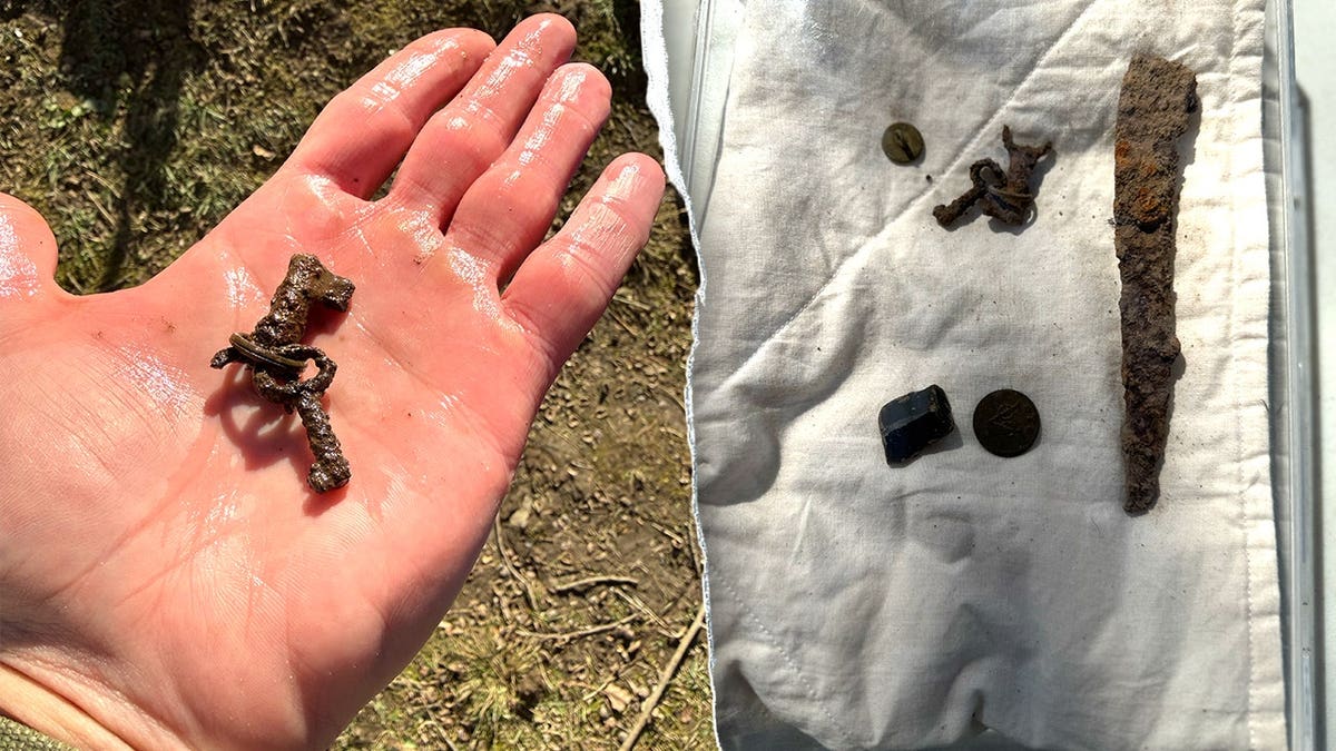 Hand holding colonial artifact, array of other 18th-century fragments found