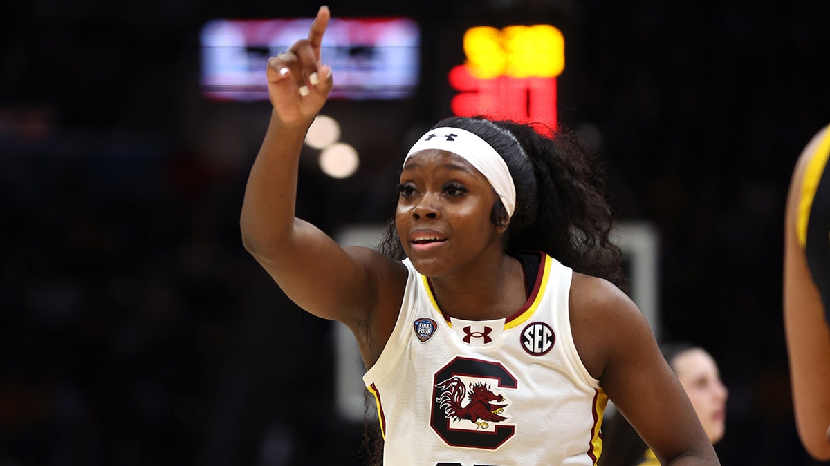 Raven Johnson of South Carolina Gamecocks reacting during basketball game at Rocket Mortgage FieldHouse