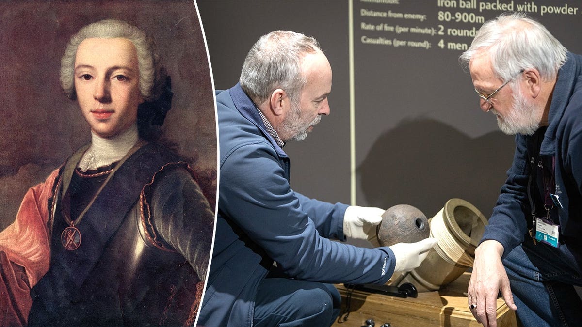 Split image of Bonnie Prince Charlie, NTS archaeologists holding shell
