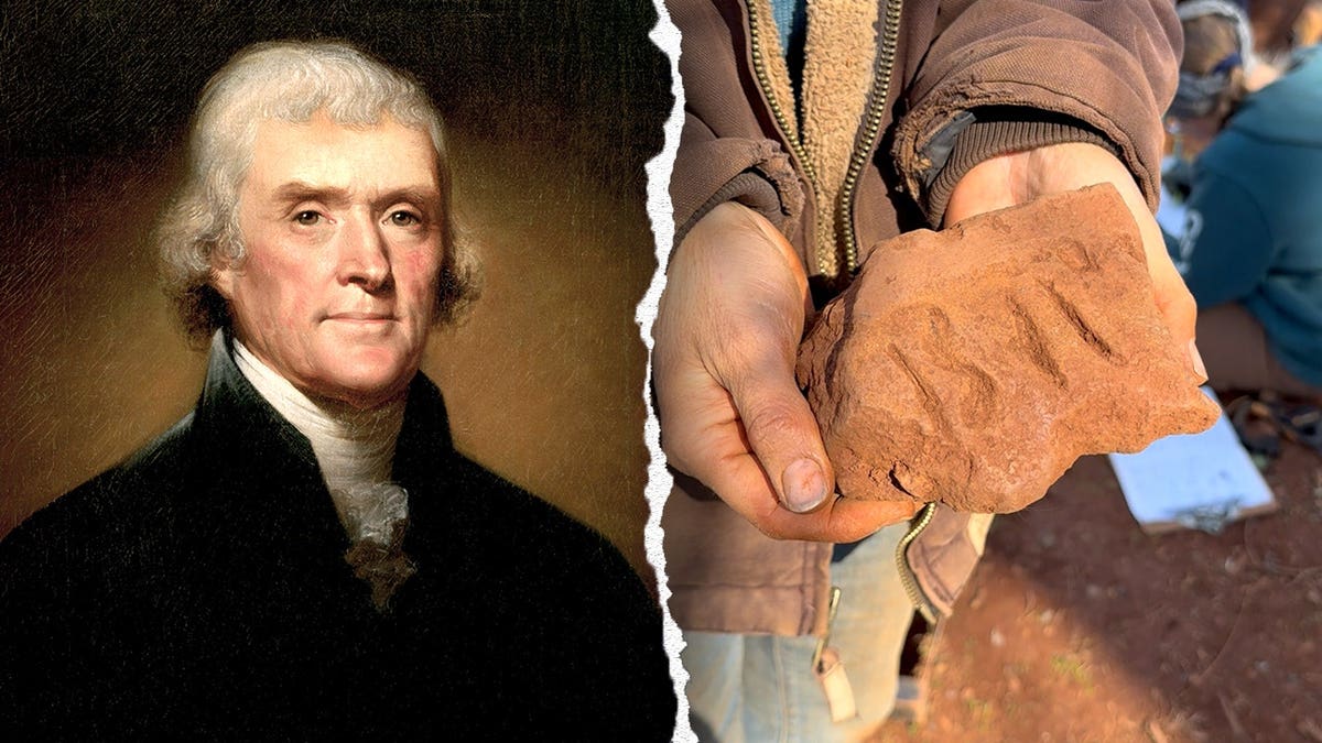 Split image of Thomas Jefferson, brick found at Monticello