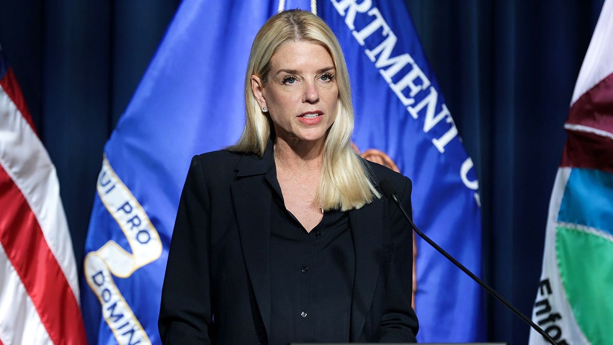 U.S. Attorney General Pam Bondi speaking at a news conference at DEA headquarters