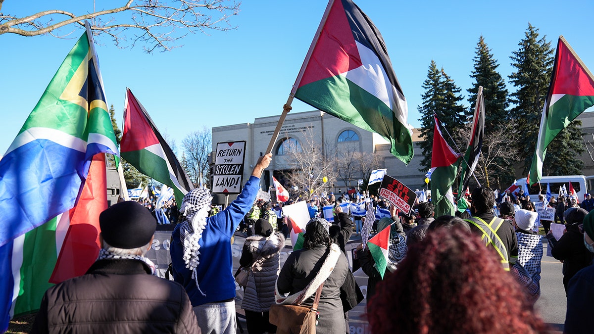 Anti-Israel protesters gathered outside Beth Avraham Yoseph synagogue in Toronto
