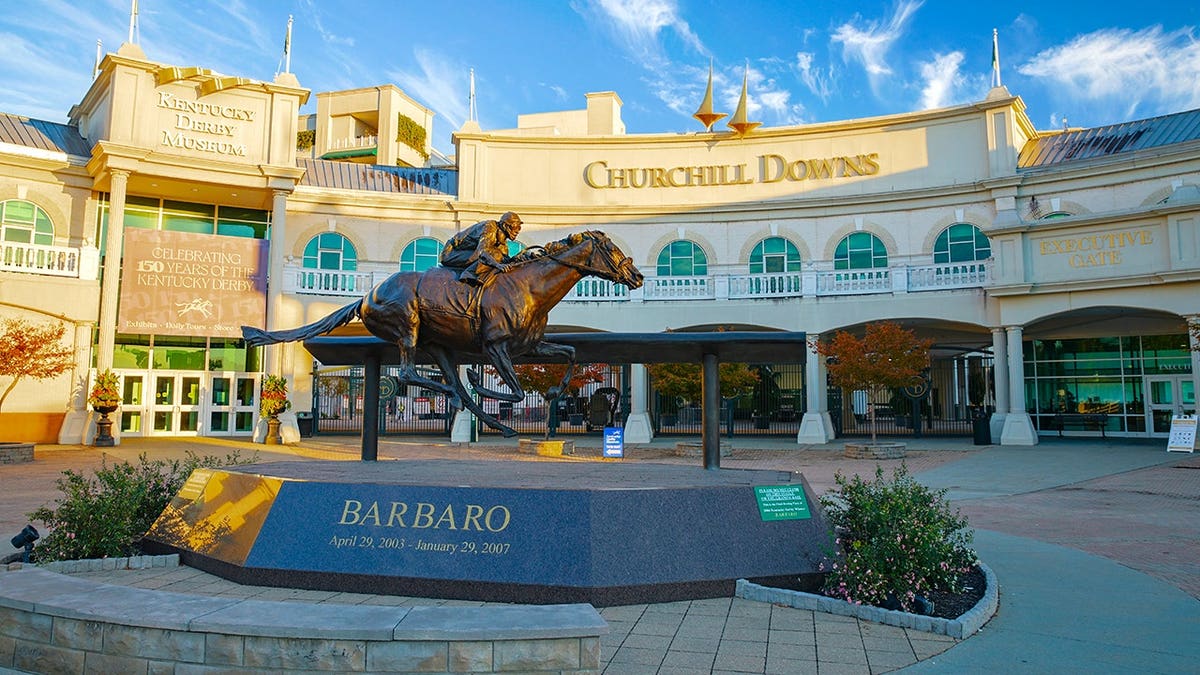 Barbaro statue standing at Churchill Downs horse racing complex in Louisville, Kentucky