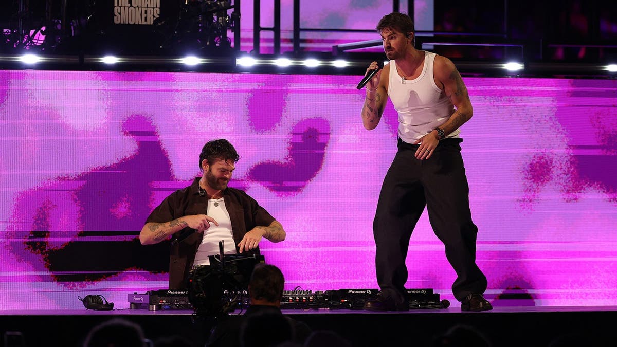 The Chainsmokers performing on stage at Lucas Oil Stadium in Indianapolis