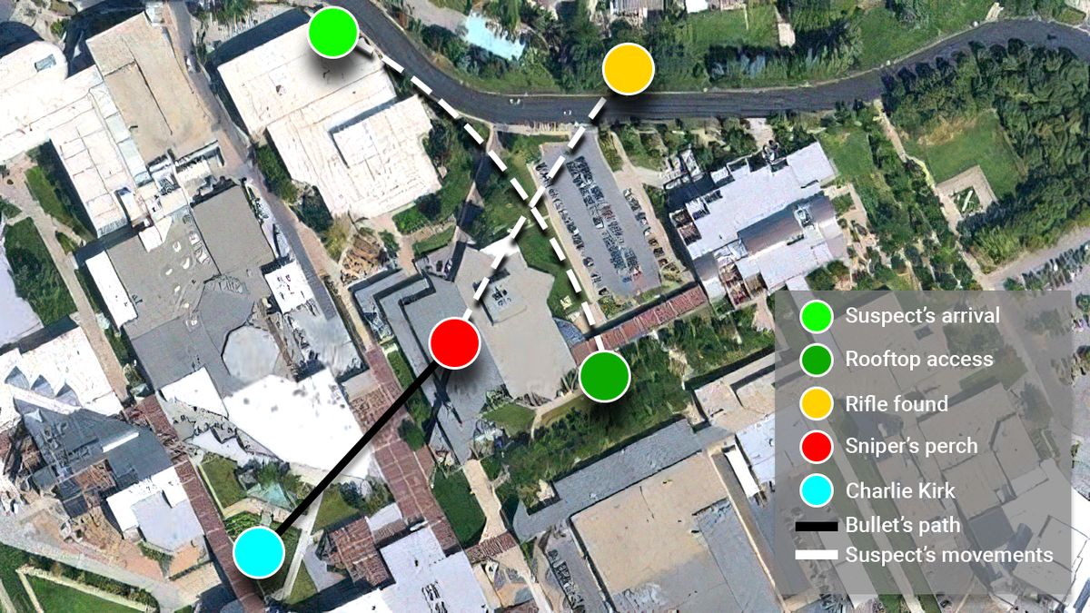An aerial view of Utah Valley University campus showing marked locations of Tyler Robinson's suspected movements