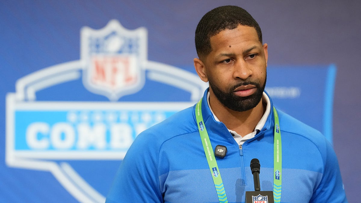 Cleveland Browns general manager Andrew Berry speaking at the NFL Scouting Combine