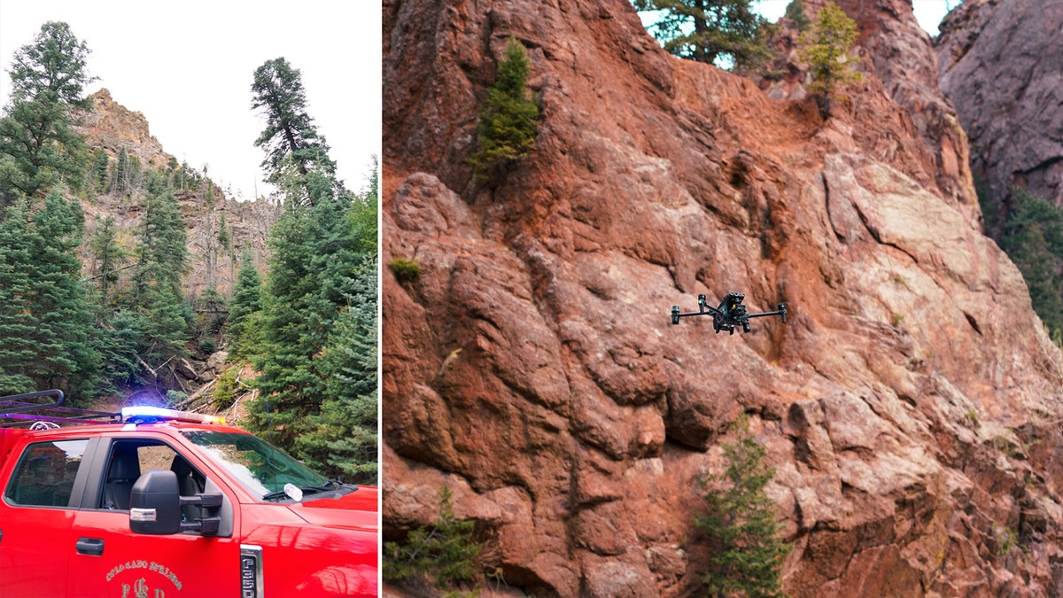 view of mountainside split with drone flying near mountainside