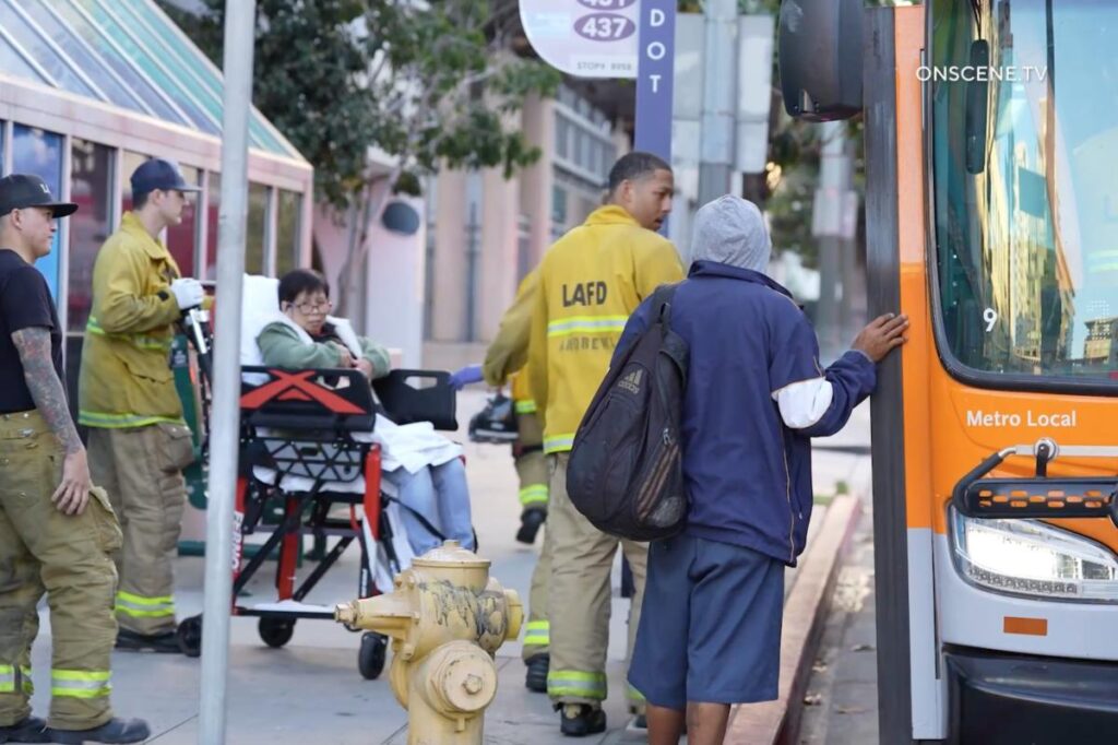 Maniac on the run after stabbing passenger on downtown LA bus Maniac on the run after stabbing passenger on downtown LA bus