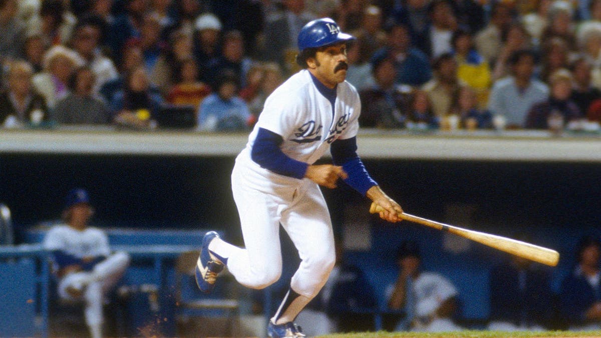 Davey Lopes batting during practice at Dodger Stadium