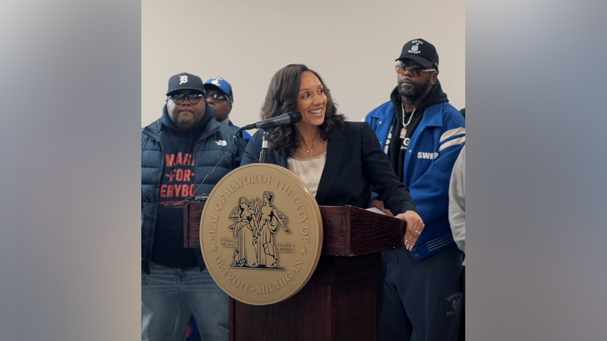 Detroit Mayor Mary Sheffield speaks during a press conference addressing teen takeovers and youth gathering spaces