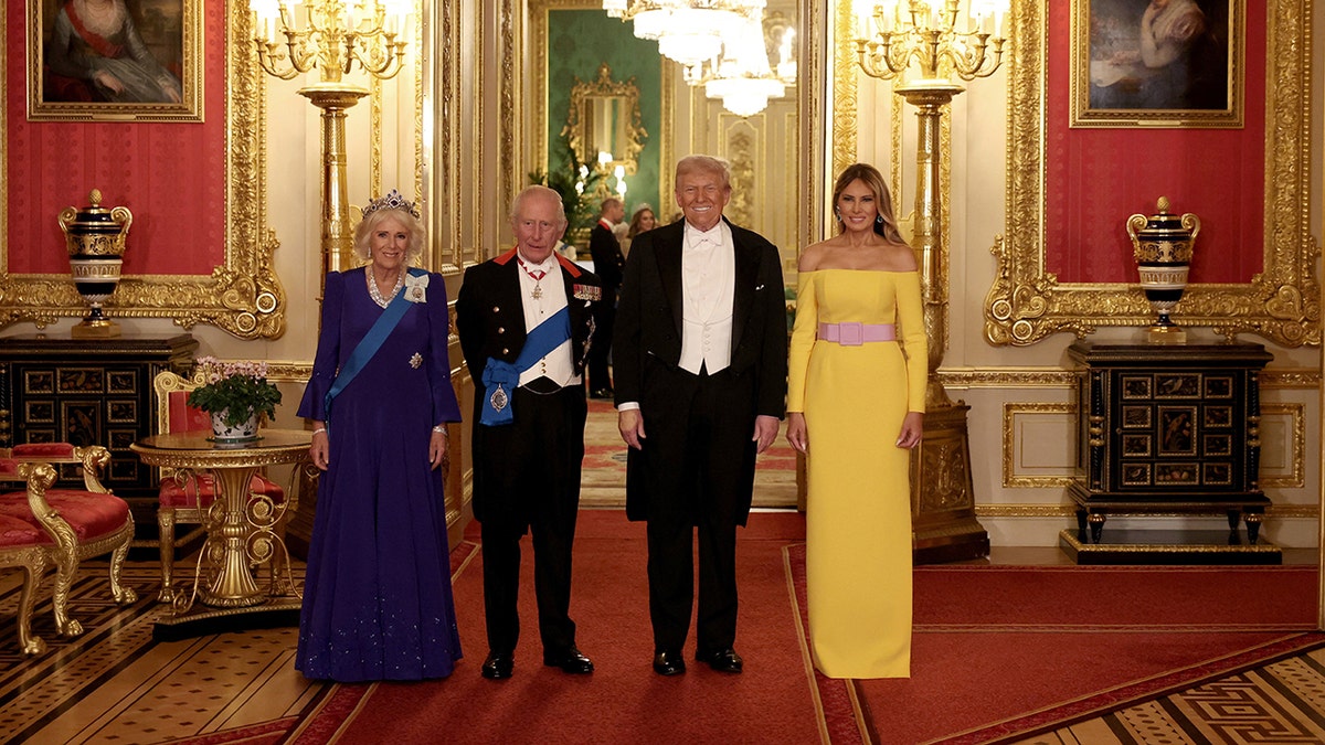 Queen Camilla King Charles III President Donald Trump and Melania Trump posing at Windsor Castle