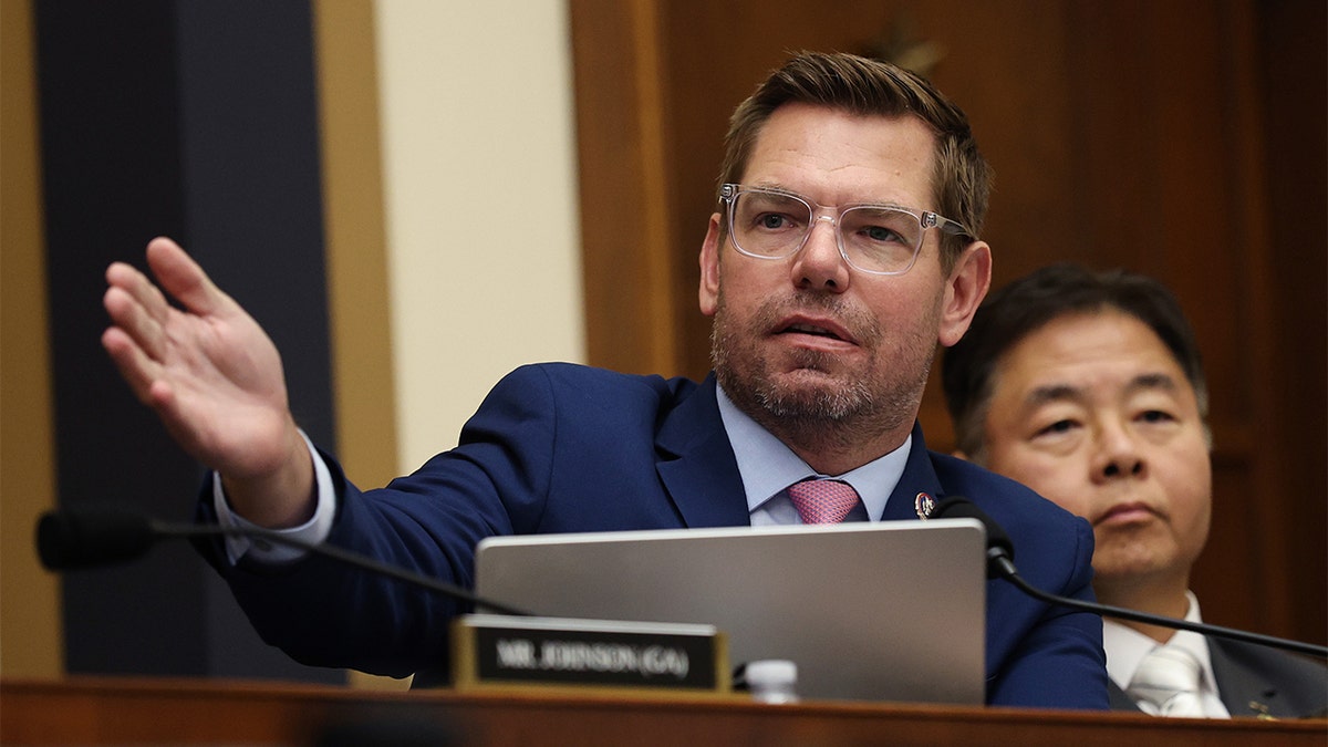 Rep. Eric Swalwell speaking during a House Judiciary Committee hearing with FBI Director Kash Patel