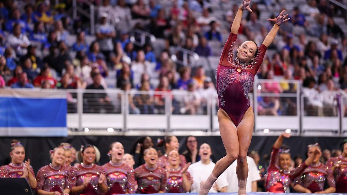 Faith Torrez performing floor exercise at gymnastics championship in Fort Worth Texas