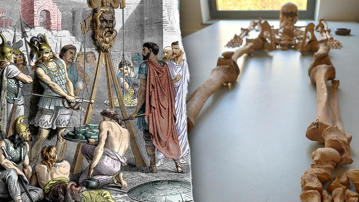 split image ofGauls and Romans battling, skeleton in lab