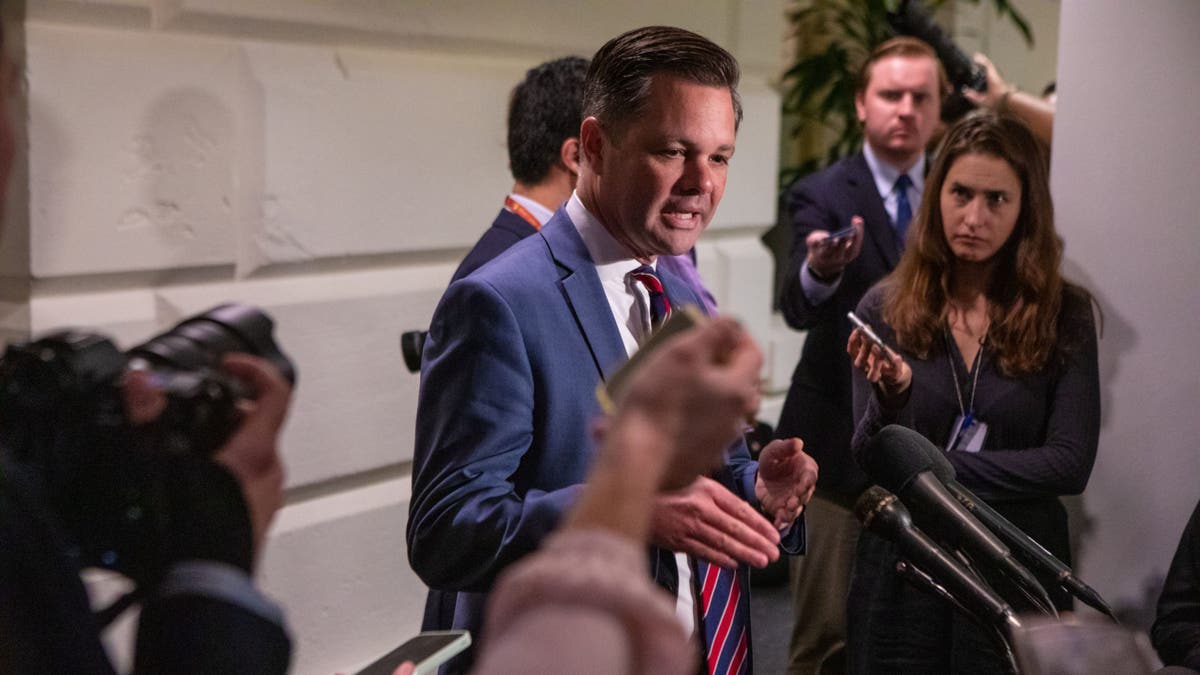 Rep. Zach Nunn speaking to press outside GOP caucus meeting at US Capitol in Washington DC