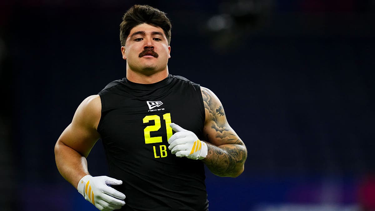 Jacob Rodriguez #LB21 of Texas Tech participates in a drill during the 2026 NFL Scouting Combine at Lucas Oil Stadium on February 26, 2026 in Indianapolis, Indiana. (Photo by Cooper Neill/Getty Images)