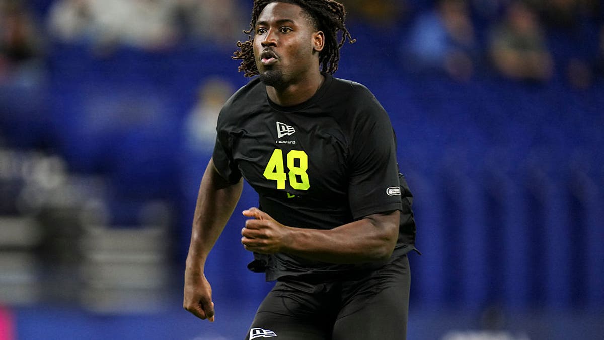 Malachi Lawrence #DL48 of Central Florida participates in a drill during the 2026 NFL Scouting Combine at Lucas Oil Stadium on February 26, 2026 in Indianapolis, Indiana. (Photo by Cooper Neill/Getty Images)