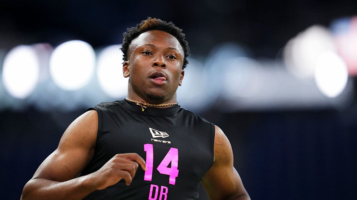 Colton Hood #DB14 of Tennessee during the 2026 NFL Scouting Combine  at Lucas Oil Stadium on February 27, 2026 in Indianapolis, Indiana. (Photo by Cooper Neill/Getty Images)