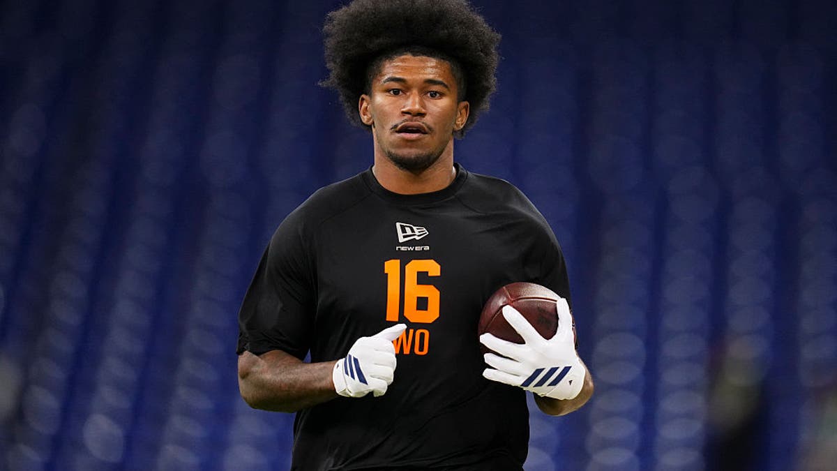 KC Concepcion #WO16 of Texas A&amp;M participates in a drill during the 2026 NFL Scouting Combine  at Lucas Oil Stadium on February 28, 2026 in Indianapolis, Indiana. (Photo by Cooper Neill/Getty Images)