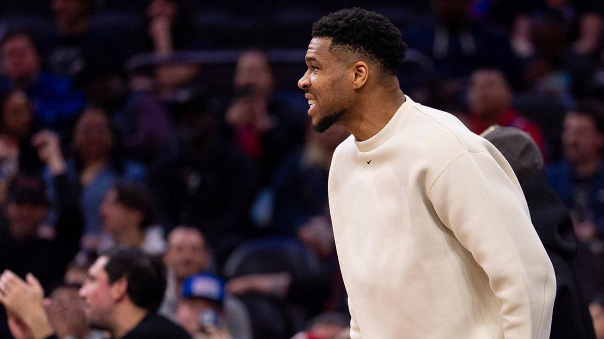 Milwaukee Bucks power forward Giannis Antetokounmpo reacting from the sideline during an NBA game