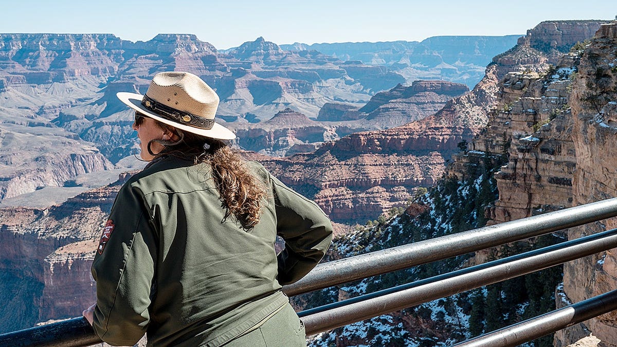 Grand Canyon Park Services Ranger Jill Staurowsky looking out from the South Rim during a tour
