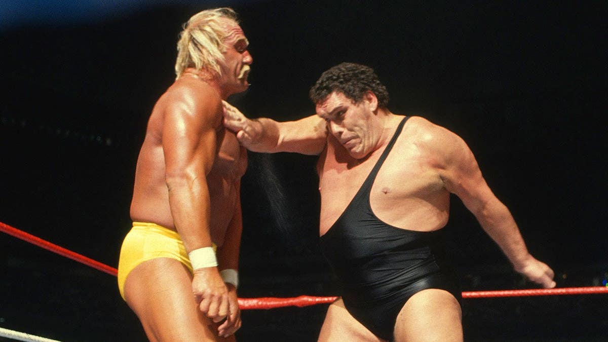 Hulk Hogan wrestling Andre The Giant at WrestleMania III in Pontiac Michigan