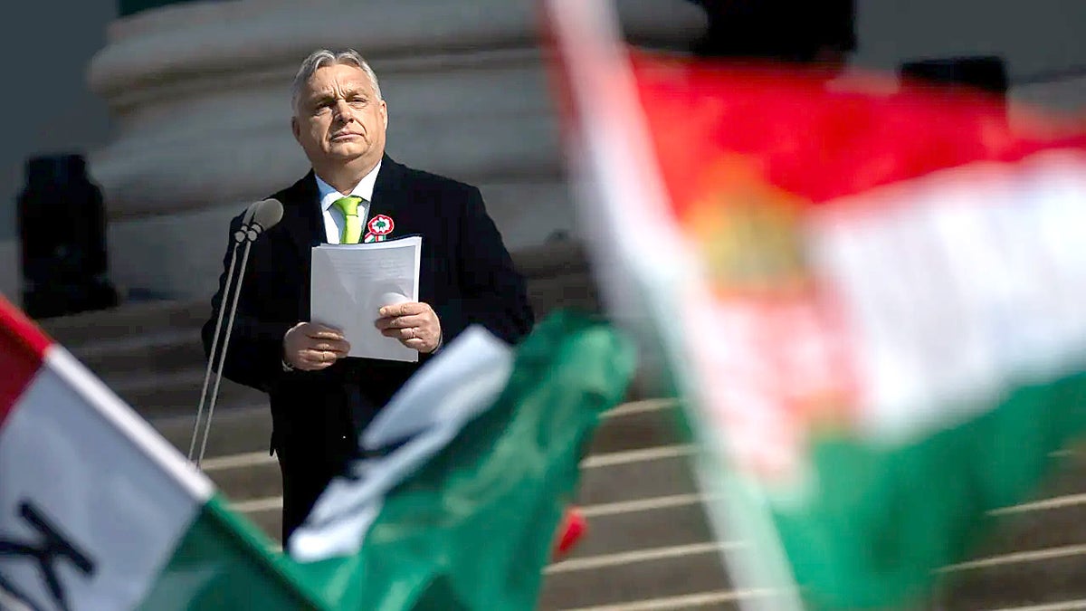 Hungarian Prime Minister Viktor Orban gives a speech on the steps of the National Museum in Budapest, Hungary, on Friday, March 15, 2024. Orban's speech, commemorating the 176th anniversary of Hungary's failed uprising against Habsburg rule, came as his government seeks to mitigate political damage from the resignation of its former president who stepped down in February over a pardon scandal.AP Photo/Denes Erdos