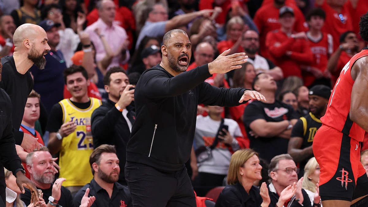 Houston Rockets Head Coach Ime Udoka reacting during NBA playoff game at Toyota Center
