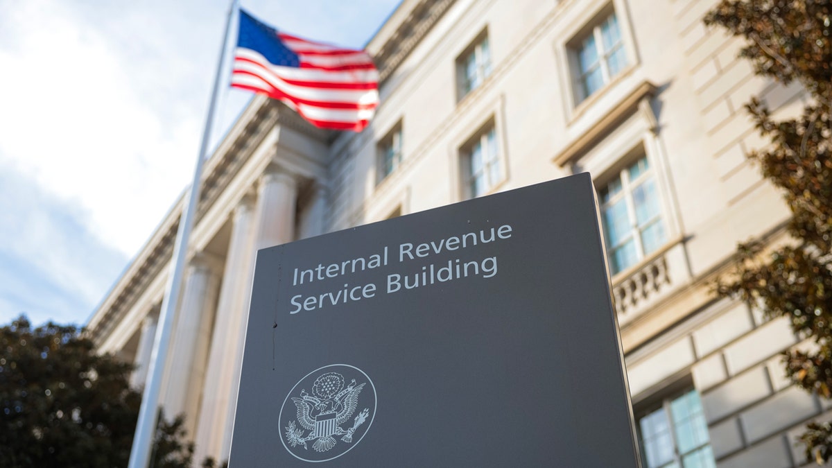 A sign for the Internal Revenue Service outside its building in Washington, D.C.