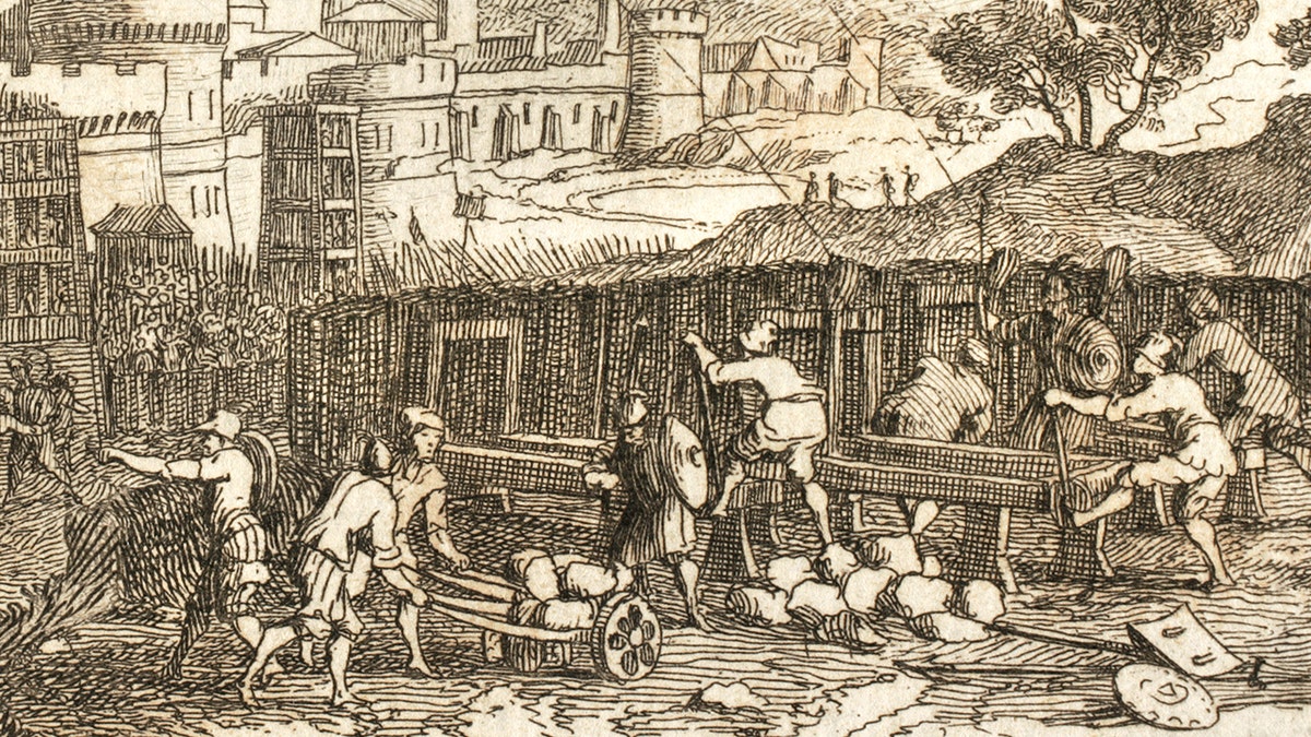 Depiction of ancient greek siege with slingshots