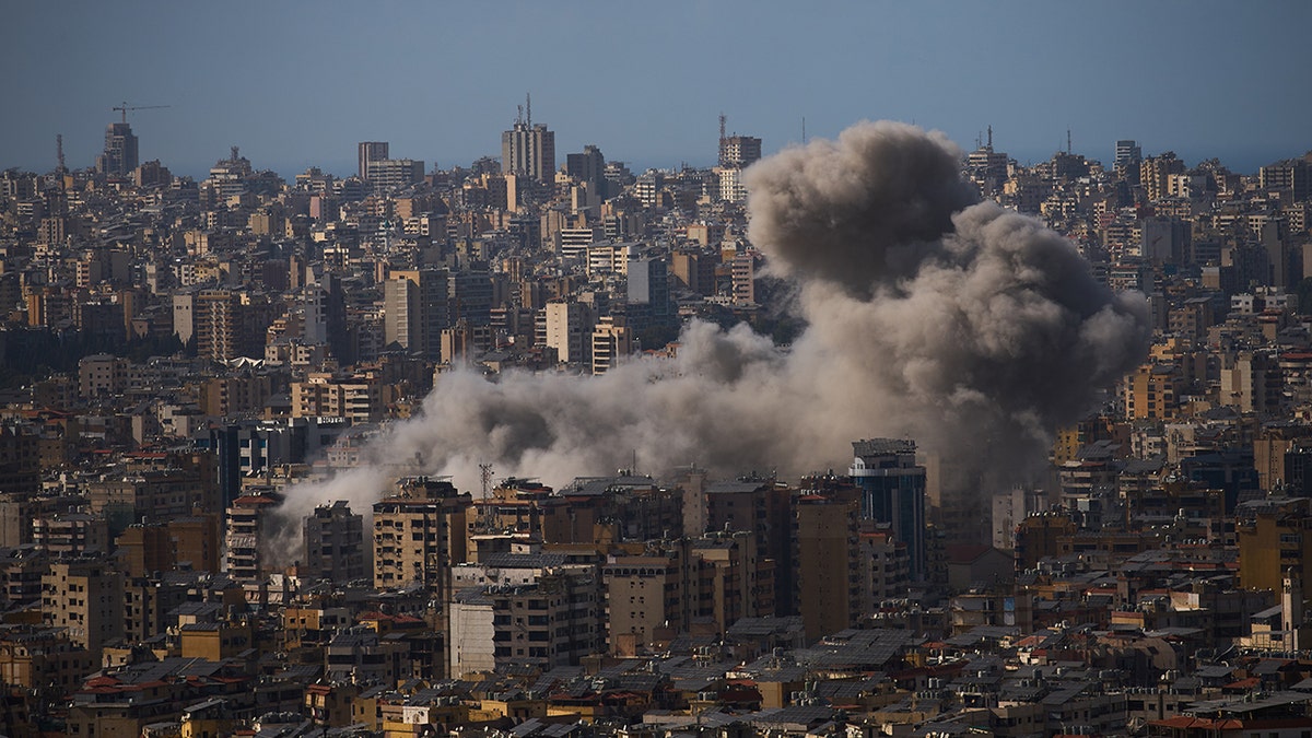 Smoke rising from Israeli airstrikes in Dahiyeh, Beirut, Lebanon