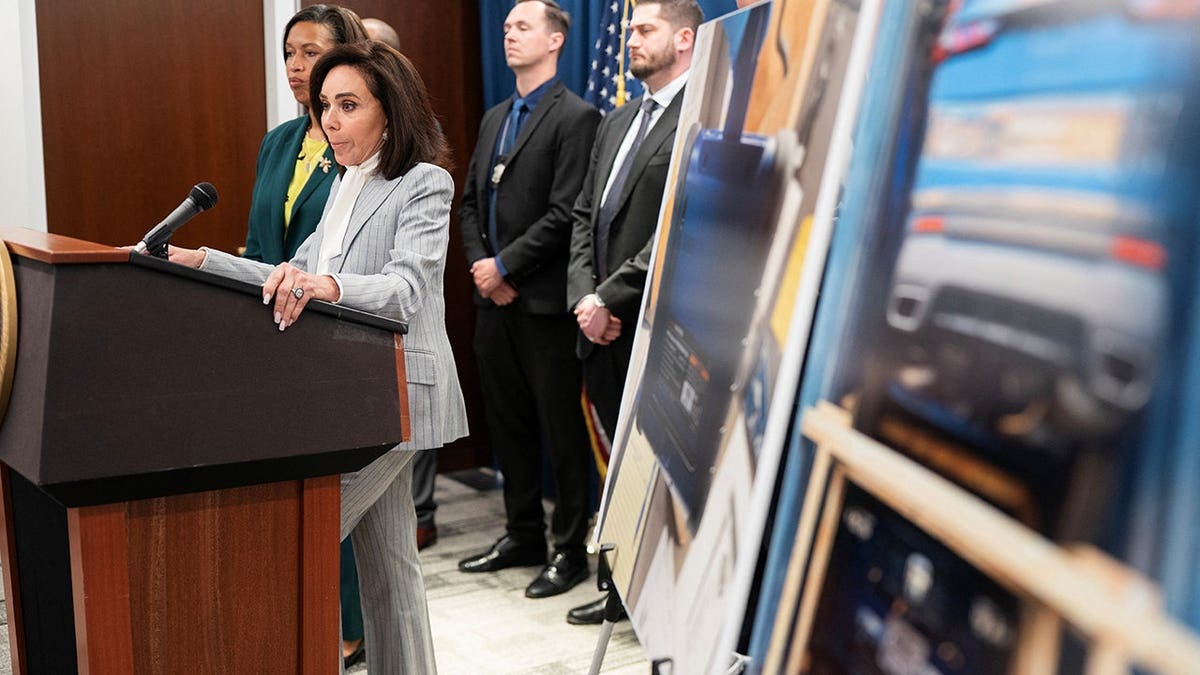 U.S. Attorney Jeanine Pirro speaking at a Justice Department press conference in Washington, D.C.