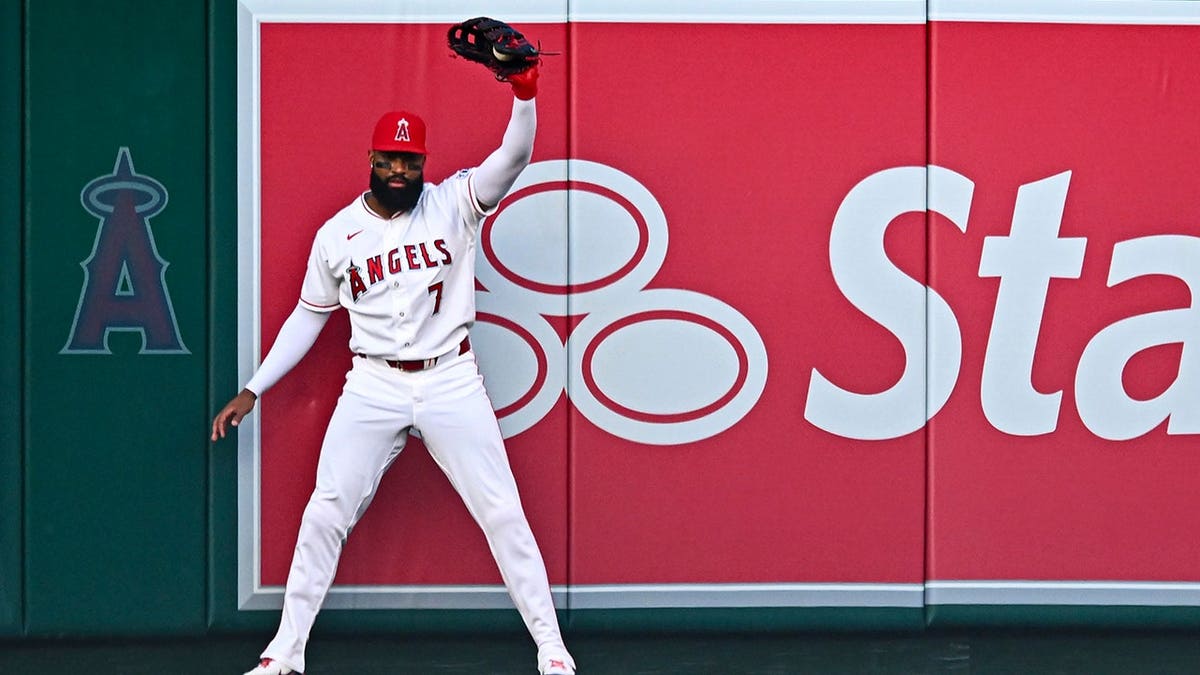 Los Angeles Angels right fielder Jo Adell making a catch at Angel Stadium in Anaheim